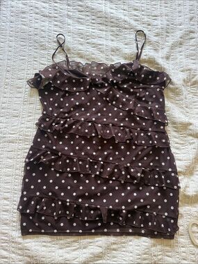 Polka Dot Ruffle Cami Top - Brown